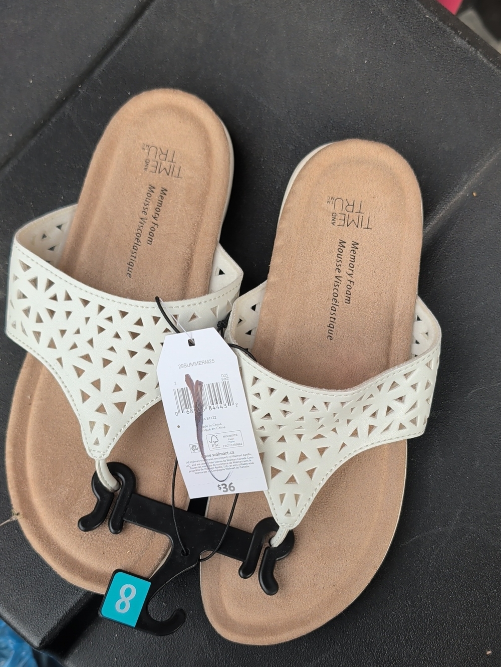 Time and Tru White Laser-Cut Memory Foam Thong Sandals